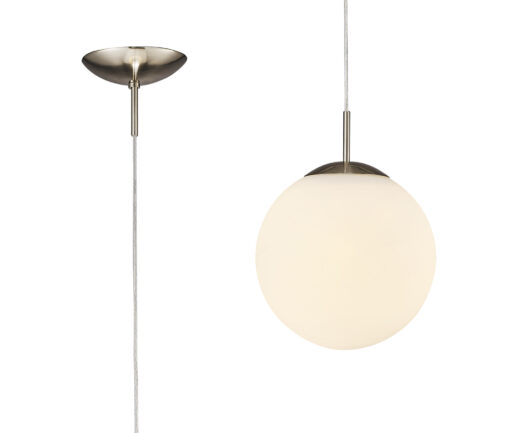 Orla 25cm Pendant 1 Light Satin Nickel Suspension With Frosted White Glass Globe (E2-48273)