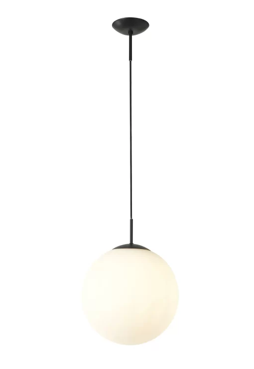 Orla 30cm Pendant 1 Light E27 Black Suspension With Frosted White Glass Globe (E2-42478) - Image 2