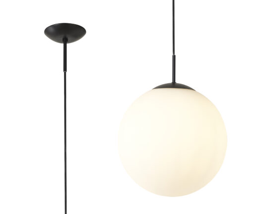 Orla 30cm Pendant 1 Light E27 Black Suspension With Frosted White Glass Globe (E2-42478)