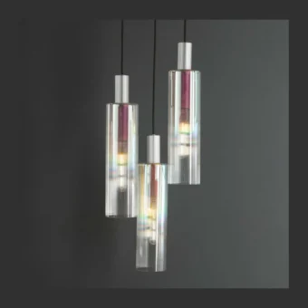 3 Light Cluster Pendant In Satin Silver and Ribbed Iridised Glass (E2-49088)
