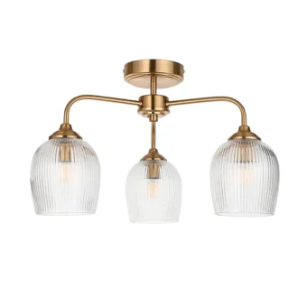 Aged Brass & Ribbed Glass 3 Light Semi Flush (e2-49859)