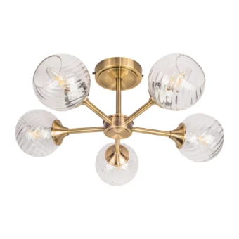 Antique Brass & Ribbed Glass 5 Light Semi Flush (e2-50726)