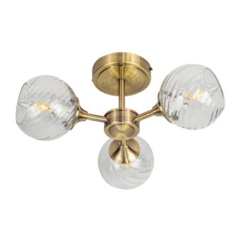 Antique Brass & Ribbed Glass 3 Light Semi Flush (e2-50728)