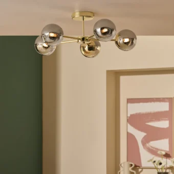 MADE.COM Brass/Smoked Glass Globe 5 Light Flush Ceiling (e2-51045)